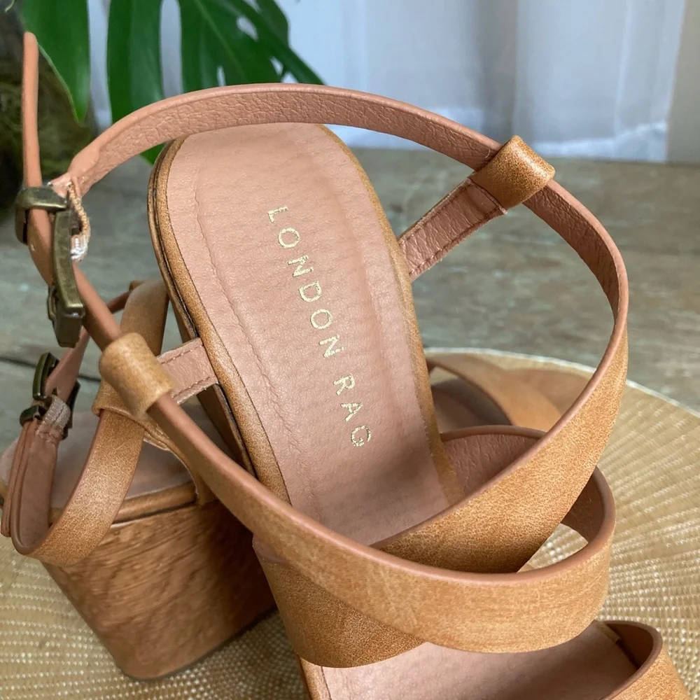 Womens Tan Leather Wedge Sandals - Classic Strappy Platform